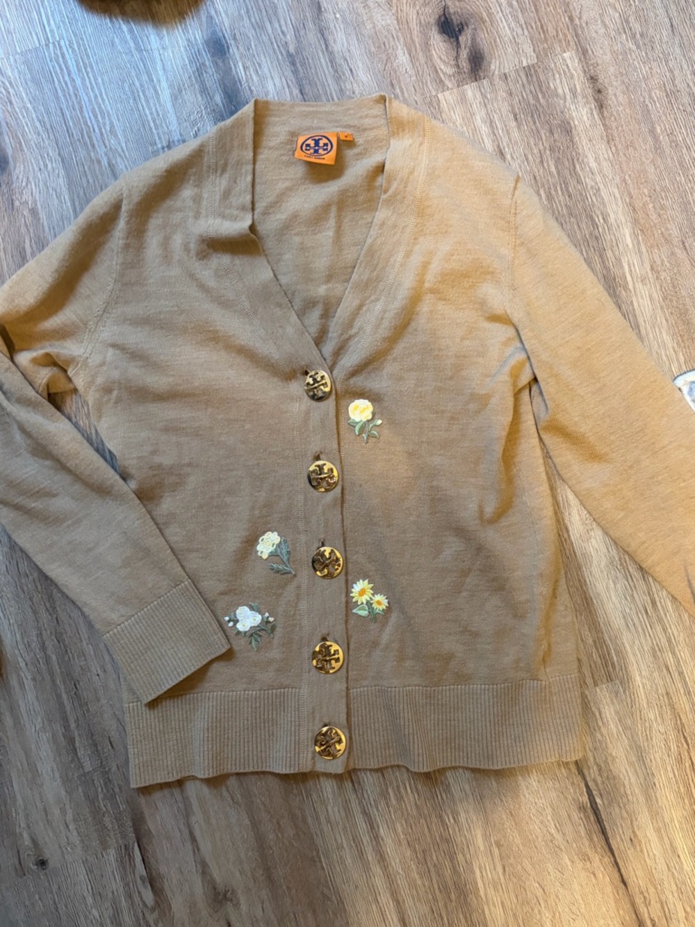 Tory Burch Camel Brown Floral Embroidered Gold Emblem Button-Up Cardigan Sweater